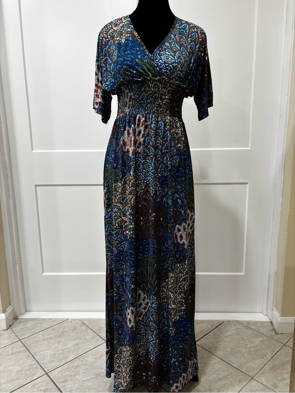 Blue Paisley V-Neck Smocked-Waist Maxi Dress